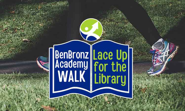 Person Wearing sneakers walking on path, icon overlay with words "lace up for the libray."