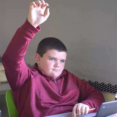 Young male student raising hand to answer question.