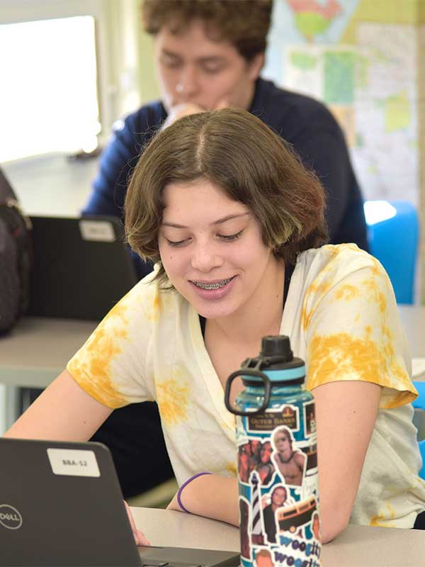 Young female student sitting at desk, looking at laptop screen –  ayoung male student sitting behind her at desk.