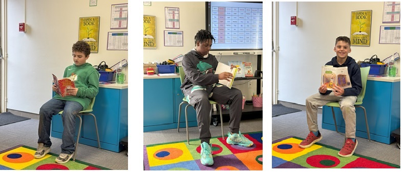 boys reading Three male students sitting on a chair, holding books and reading out loud.